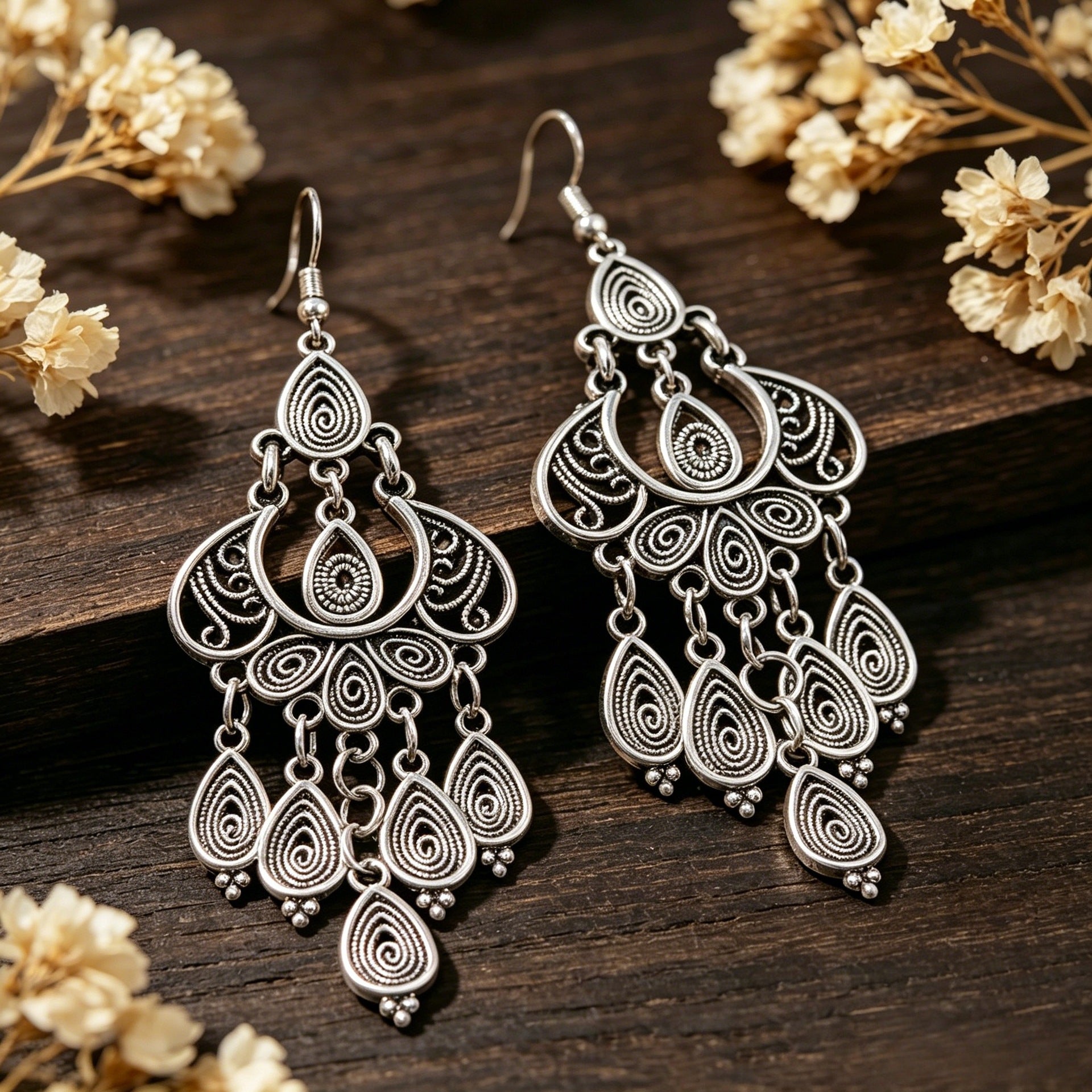 Wholesale Vintage Teardrop Tassel Earrings Distressed Silver Finish Ethnic Style Party Jewelry Accessory