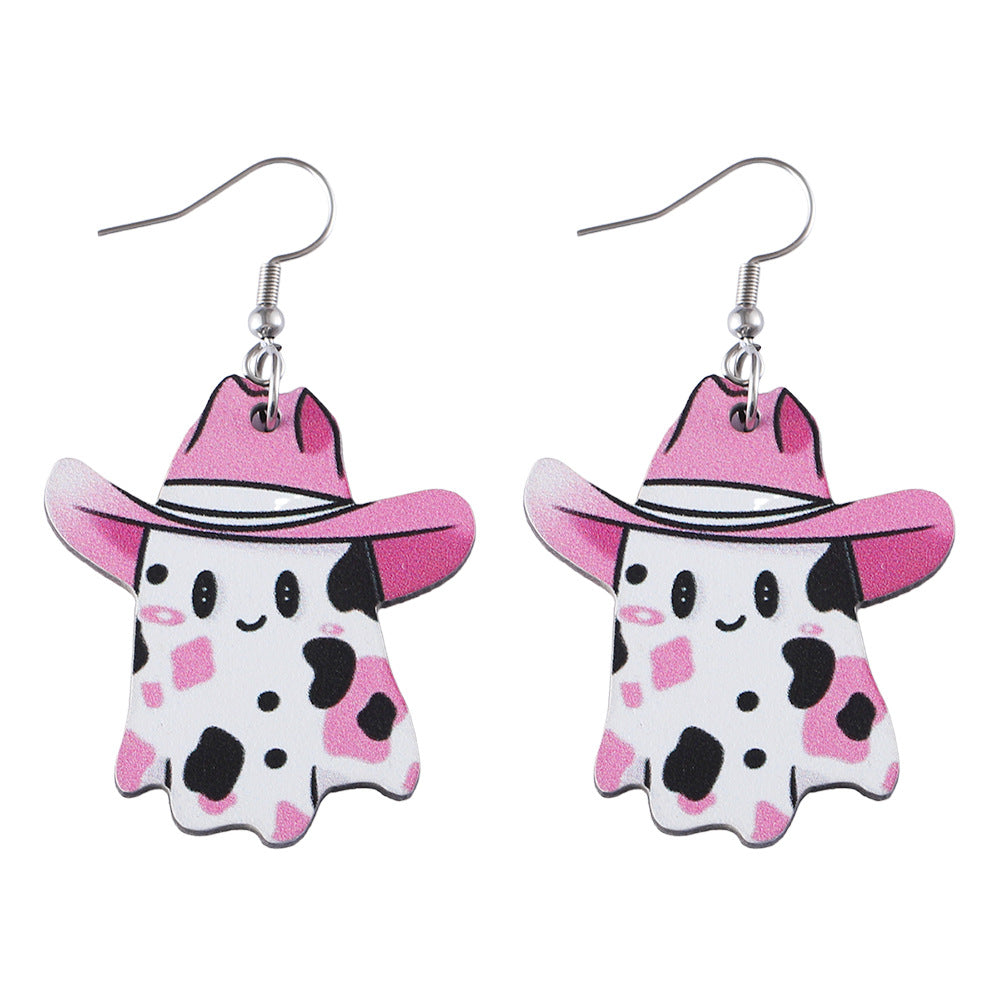 Wholesale Halloween Cute Western Cowboy Hat Painted Ghost Wooden Earrings ACC-ES-ChuLian046