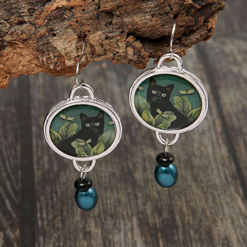 Wholesale Retro Cat Pattern Drop Earrings with Pearl Accent - Vintage Style Alloy Jewelry Accessory,  Gift for Women