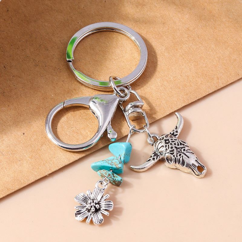 Wholesale  New Fashion Retro Floral Bull Head Keychain Ethnic Style Turquoise Rose Elephant Keychain