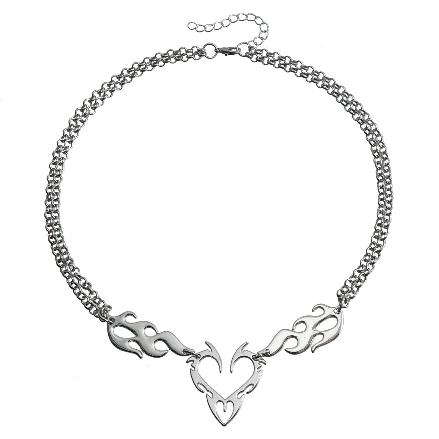 Wholesale Hip Hop Hollow Flame Heart Pendant Necklace Silver Alloy Trendy Fashion Accessory