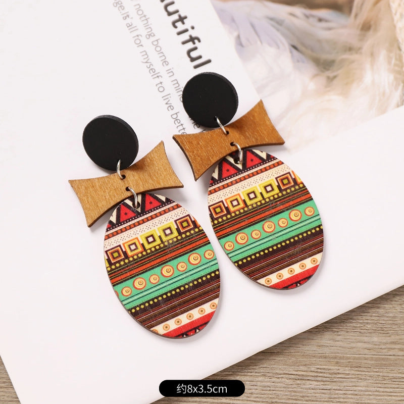 Wholesale Bohemian Wooden Ear Studs Geometric Stripe Ethnic Print Fashion Jewelry Accessory Boutique Gift