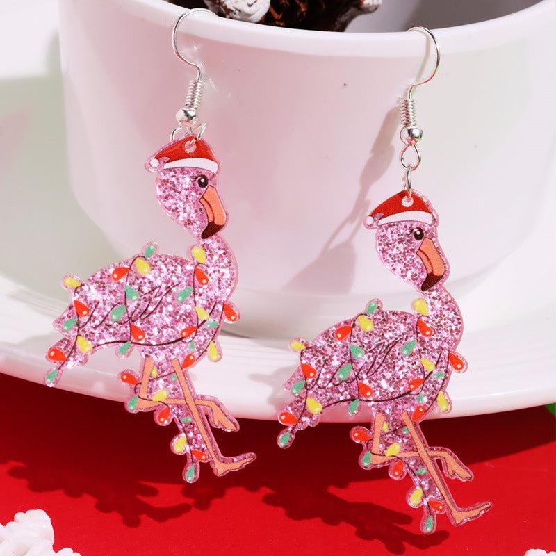 Wholesale  Christmas Party Pink Flamingo Lantern Printed Acrylic Earrings