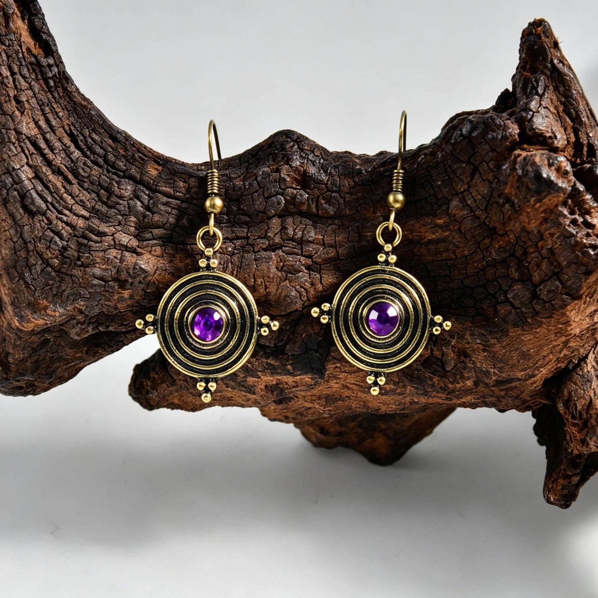 Wholesale Retro Gold Sun Cross Earrings with Purple Gemstone,  Party Wear for Women