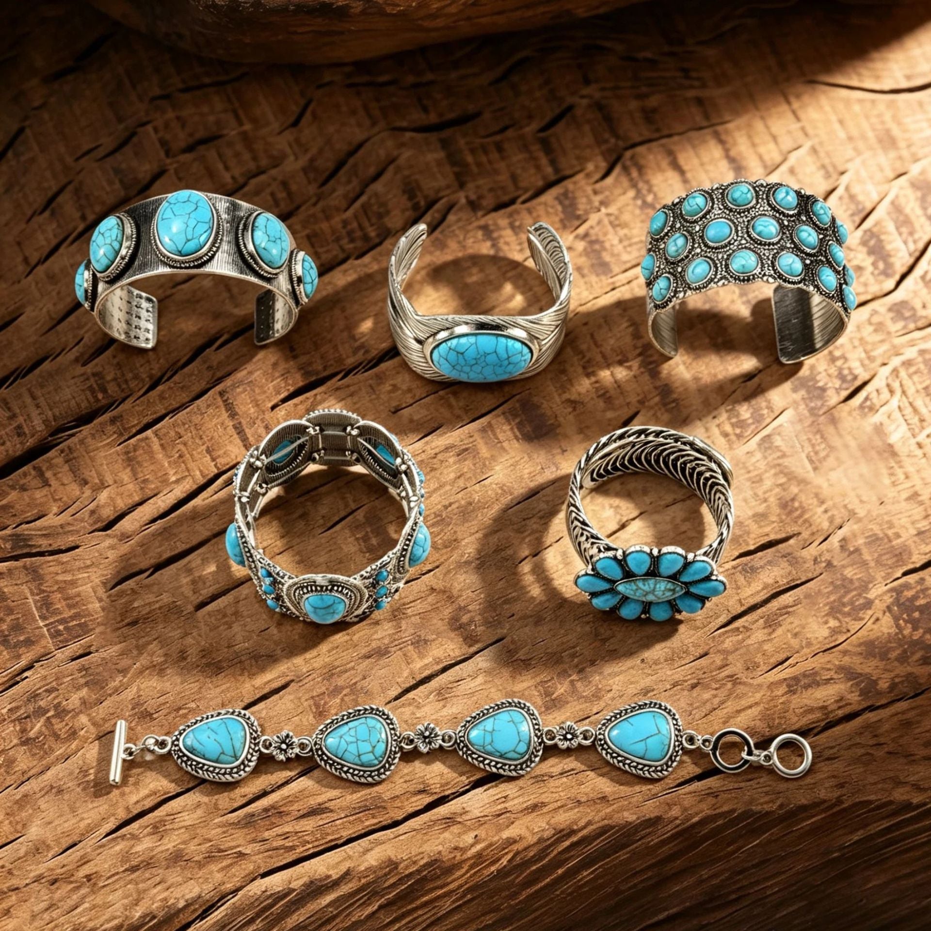 Wholesale Retro Turquoise Jewelry Set Ethnic Style Distressed Earrings Ring Bracelet For Women Gift Resale Accessory