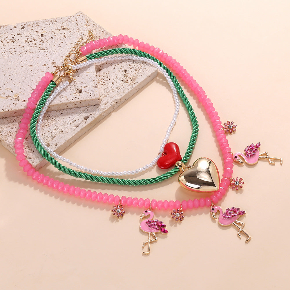 Wholesale Summer Light Luxury Style Oil Dripping Flamingo Heart Pendant Necklace