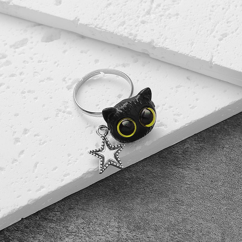 Wholesale resin big-eyed cat stitching five-pointed star pendant adjustable size fashion ring