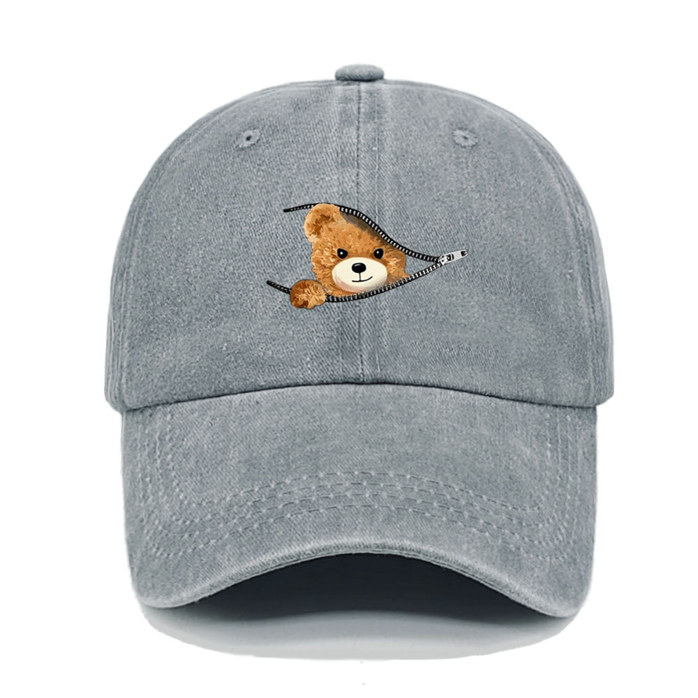 Wholesale Zipper Bear Print Cotton Vintage Washed Baseball Cap Hat