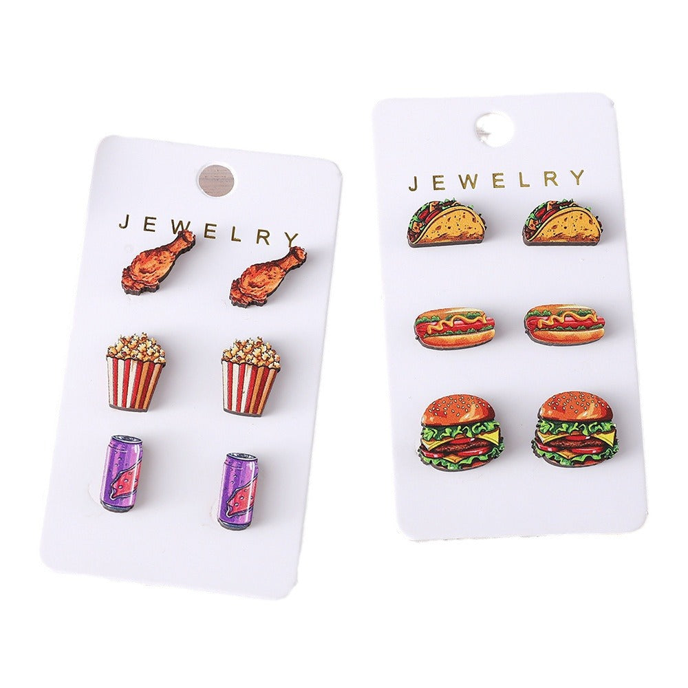 Wholesale  Hamburger Hot Dog Chicken Leg Popcorn Coke Food Earrings suit