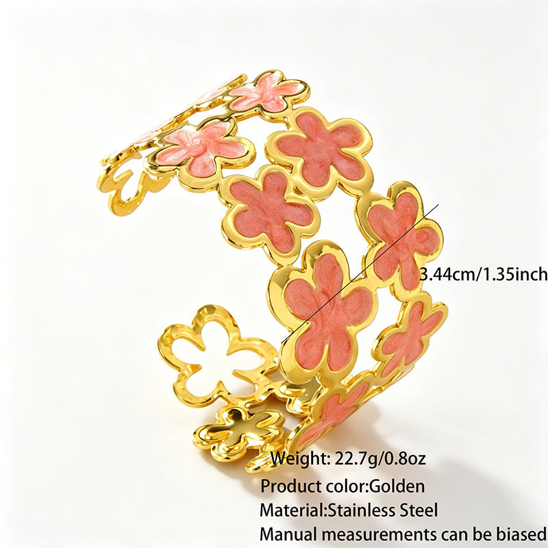 Wholesale Stainless Steel Flower Enamel Open Cuff Bracelet Chic Everyday Jewelry Gift