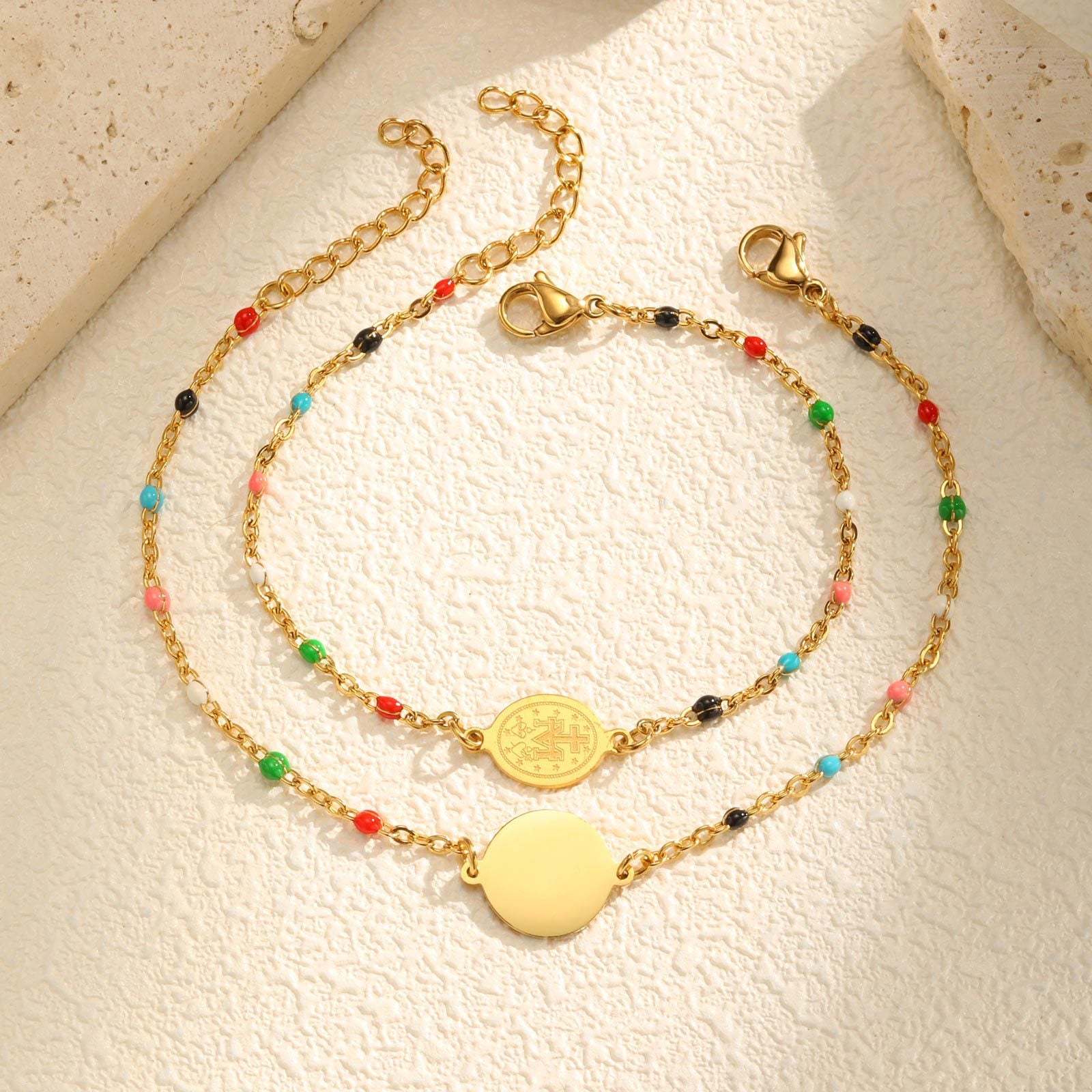 Wholesale Trendy Stainless Steel Colorful Bead Bracelet With Gold Tone Hollow Medal For Women Fashion Jewelry Accessory