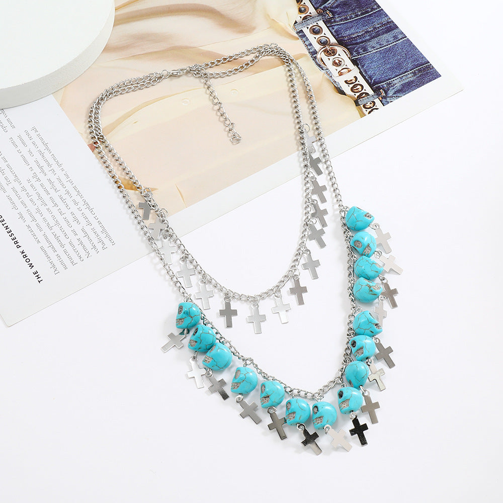 Wholesale Alloy  Punk Skull Cross Tassel Multi-Layer Necklace Fashion Accessory Gift