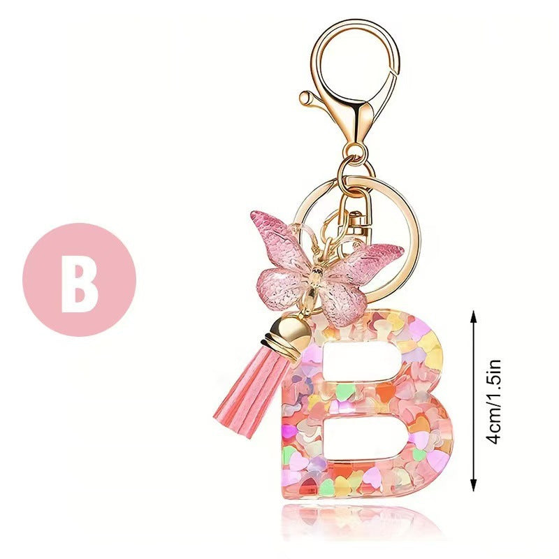 Wholesale Trendy Cute 26 Piece Alphabet Initial Keychain Set With Tassel Butterfly Pendant Bag Charm Gift