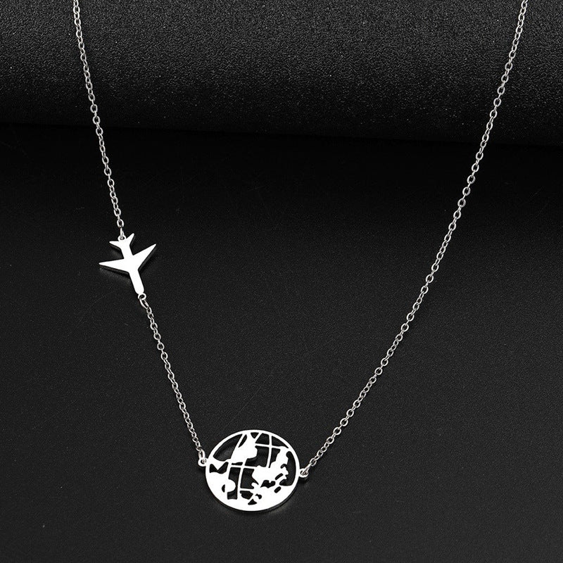Wholesale Stainless Steel  Airplane and World Map Pendant Necklace