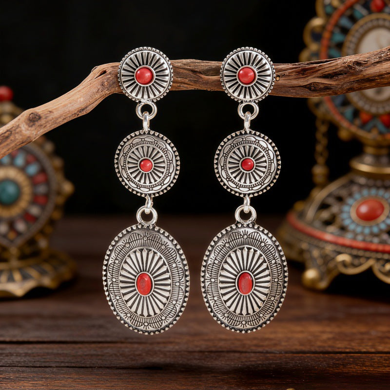 Wholesale Alloy Ancient Silver Long Drop Earrings Retro Western Ethnic Style Jewelry Accessory for Everyday Wear