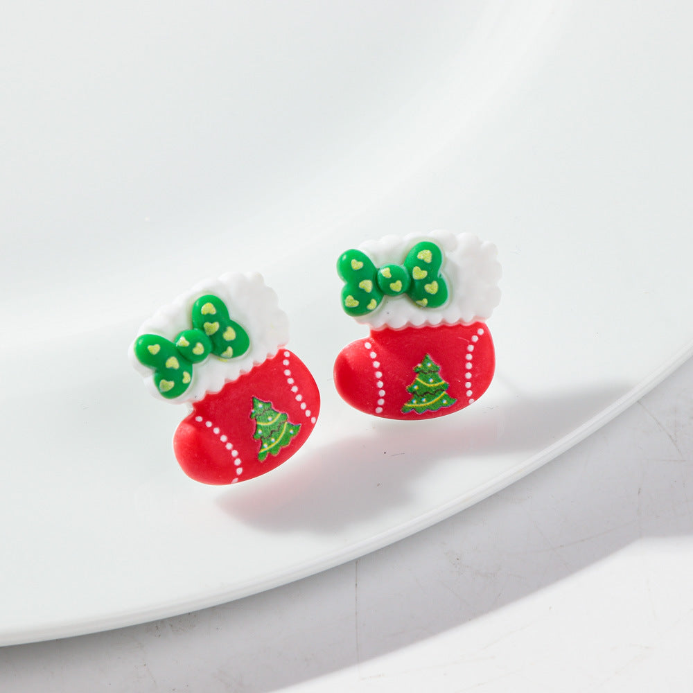 Wholesale Plastic Resin Cartoon Bear Christmas Tree Earrings Sweet Girl Fashion Accessory