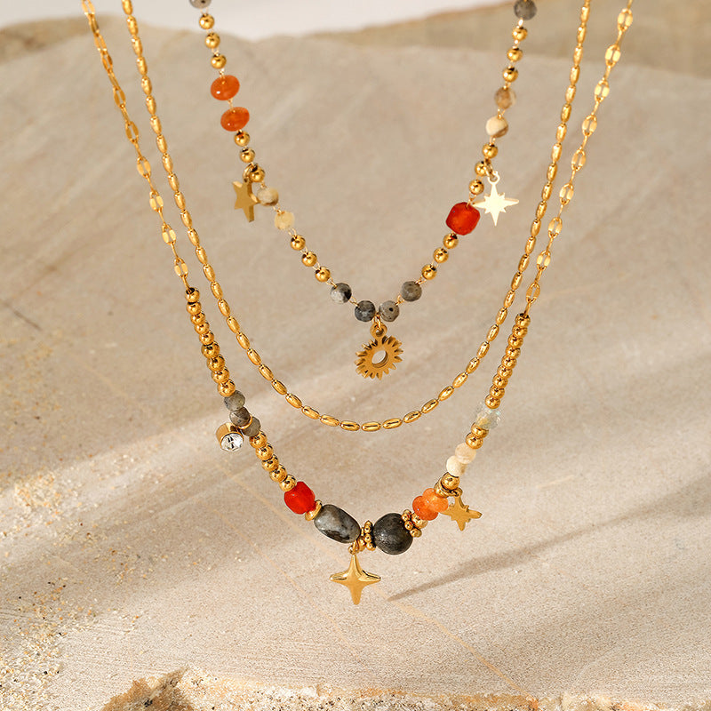 Wholesale Multi-Layered Colorful Natural Stone Titanium Steel Pendant Necklace