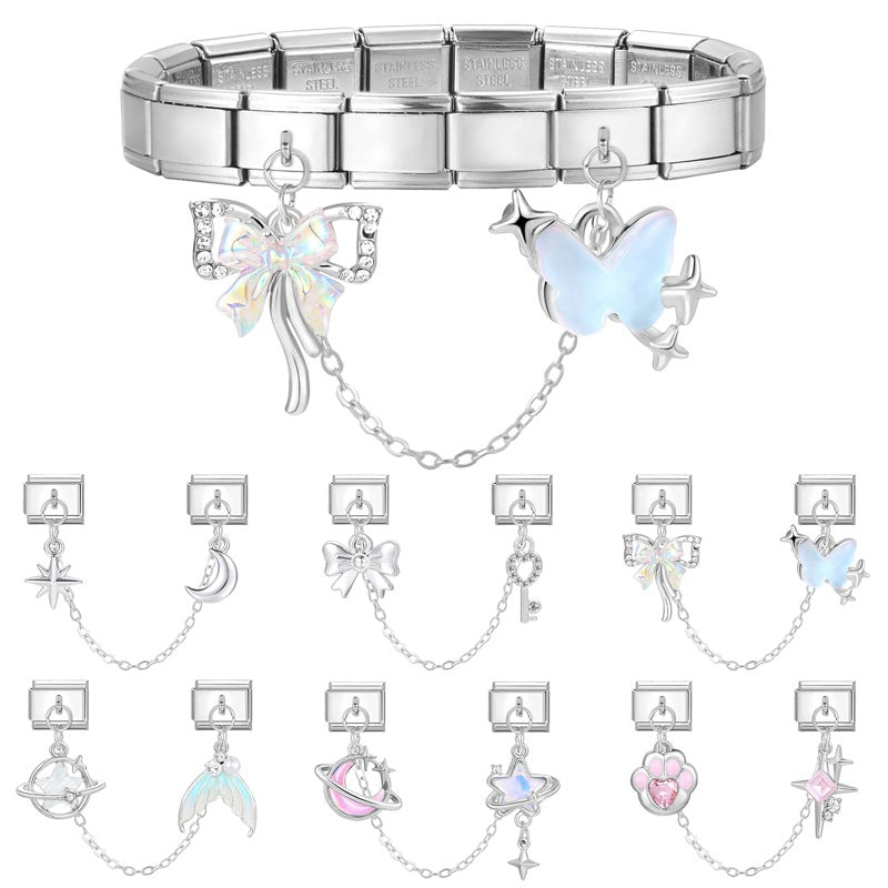 Wholesale 9mm Italian Charm Starter Bracelets DIY square double-pendant Creative Stainless Steel Composable Bracelet