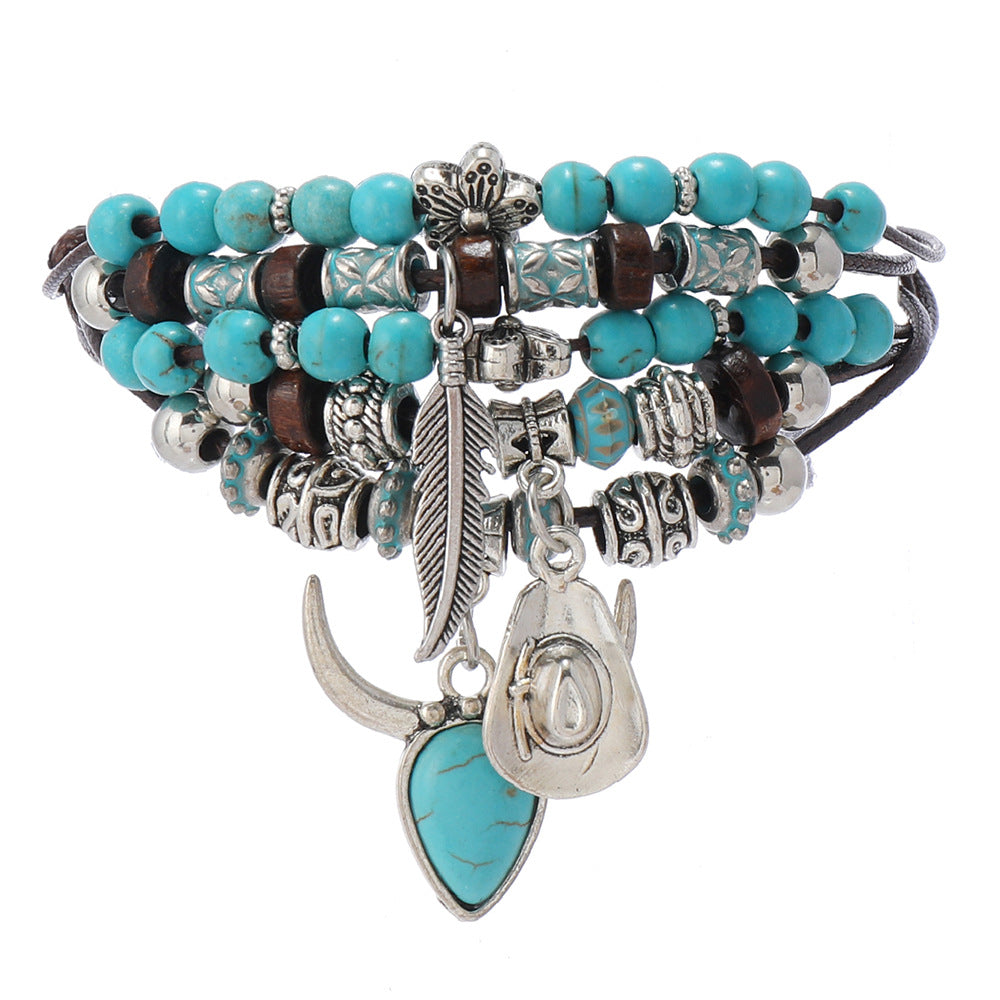 Wholesale Ethnic Bohemian Turquoise Tassel Multi-layer Bracelet