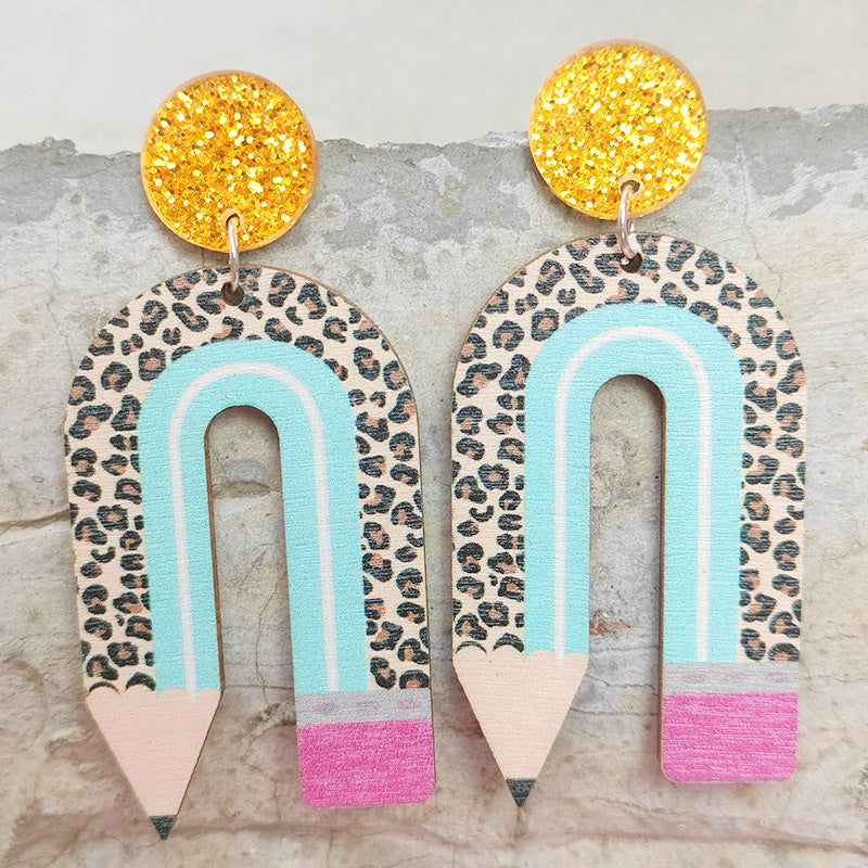 Wholesale 2 Pairs/pack Leopard Print Pencil Rainbow Wooden U-shaped Earrings Teacher's Day ACC-ES-HY028