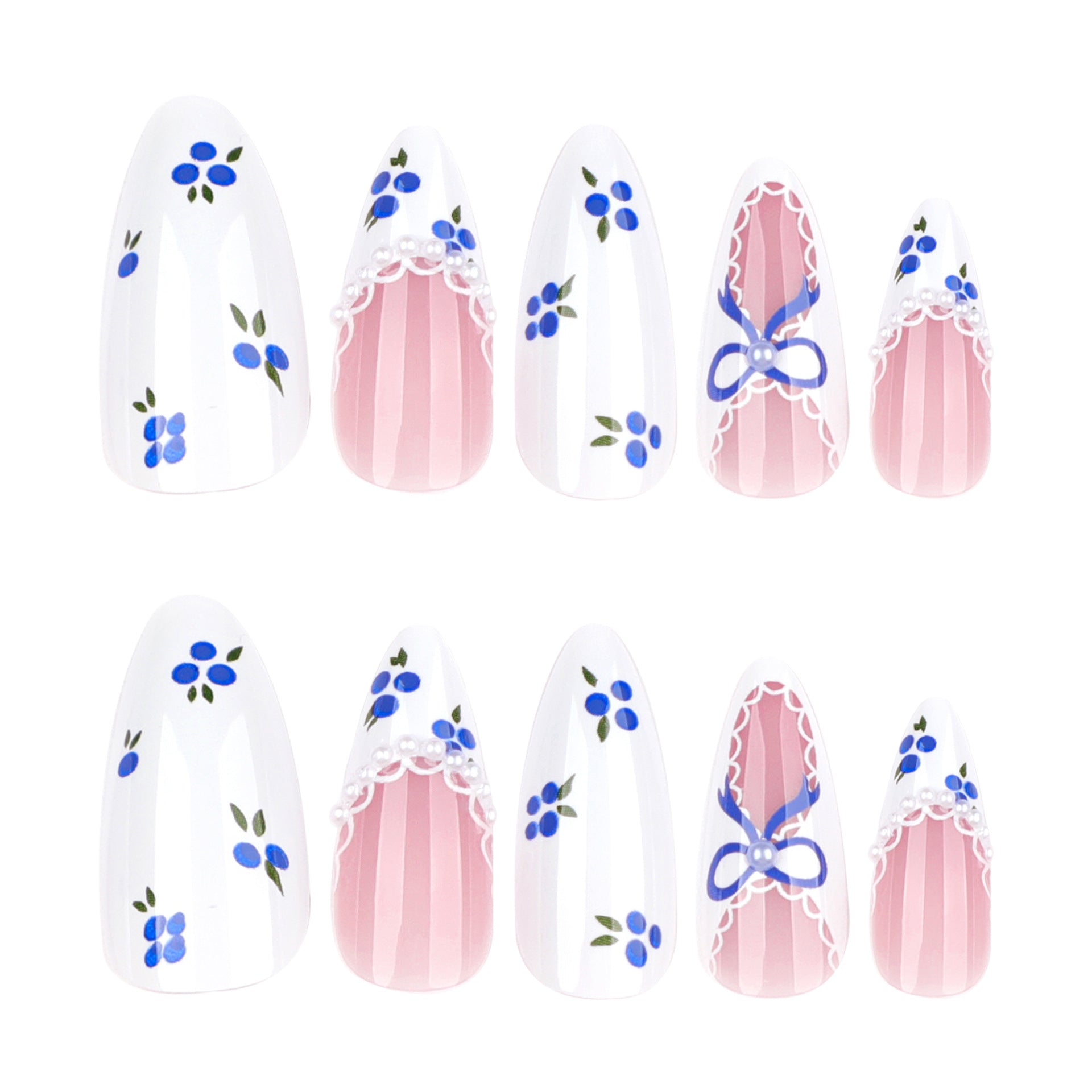 Wholesale 24 Pieces/box Blue and White Contrast Bow Nails Kits Nail Stickers