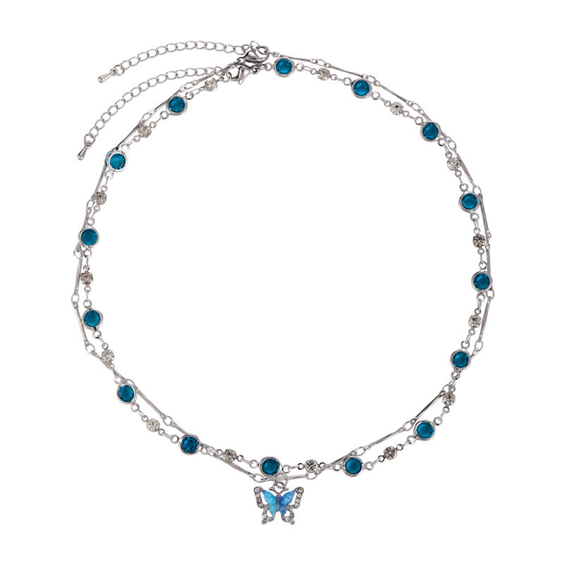 Wholesale Blue Double Layer Butterfly Necklace