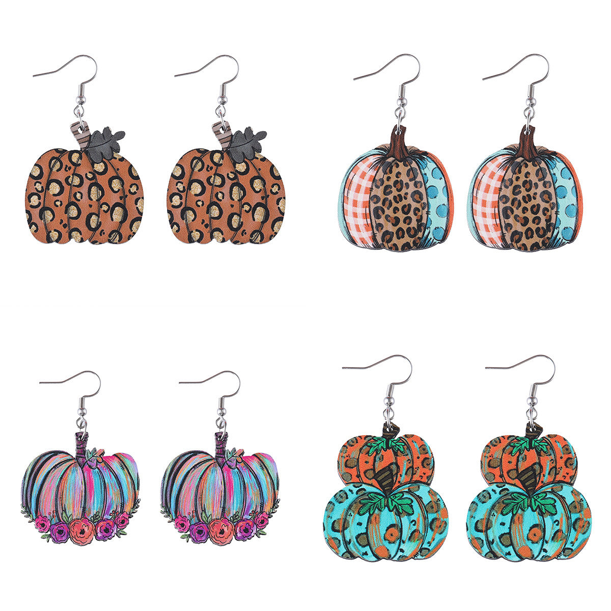 Wholesale Thanksgiving Day Leopard Print Pumpkin Pendant Wood Earrings ACC-ES-ChuLian030