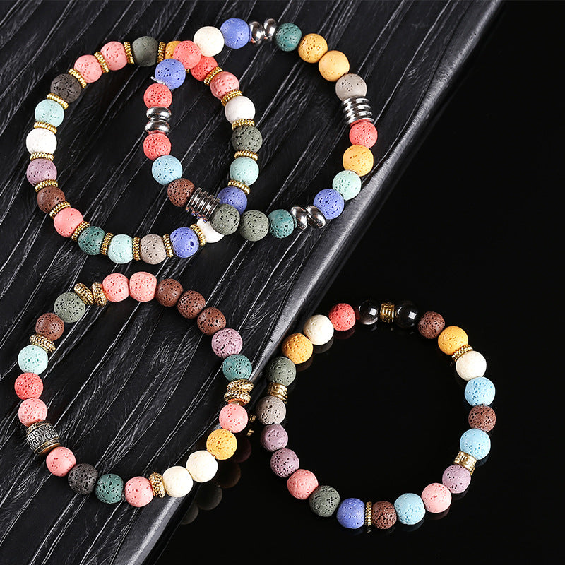 Wholesale Rainbow Volcanic Stone Bracelet Handmade Mixed Beads Unisex Fashion Accessory Gift