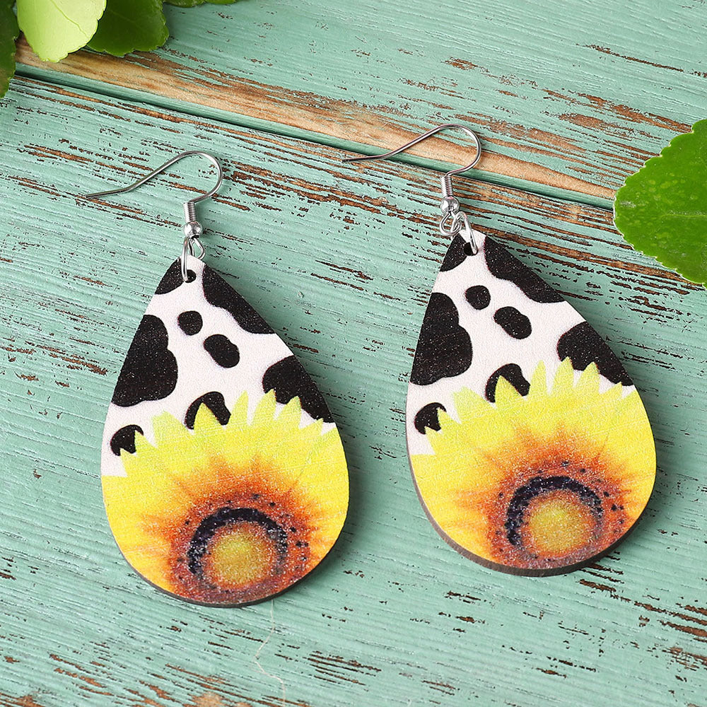 Wholesale Western Style Cow Print & Sunflower Earrings Double Sided Wooden Dangles