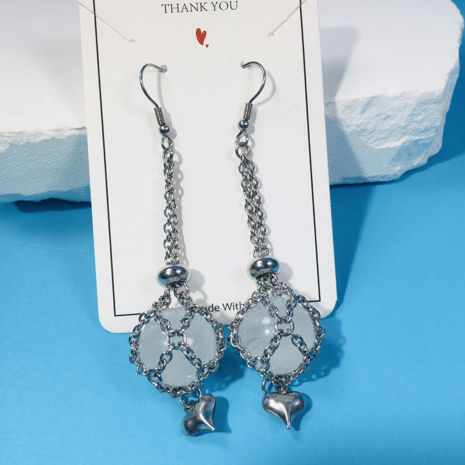 Wholesale Replaceable Crystal Natural Stone Adjustable Metal Mesh Pocket Earrings Heart Shape Pendant ACC-ES-RongGuan001