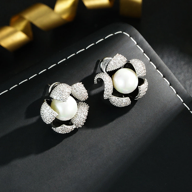 Wholesale  Light Luxury  Micro-inlaid Zirconium Pearl Flower Earrings