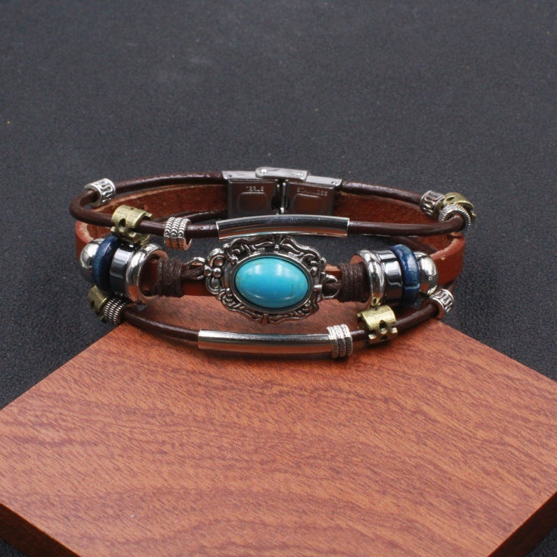 Wholesale Handwoven Leather Turquoise Bracelet Men Unisex Trendy Jewelry Accessory
