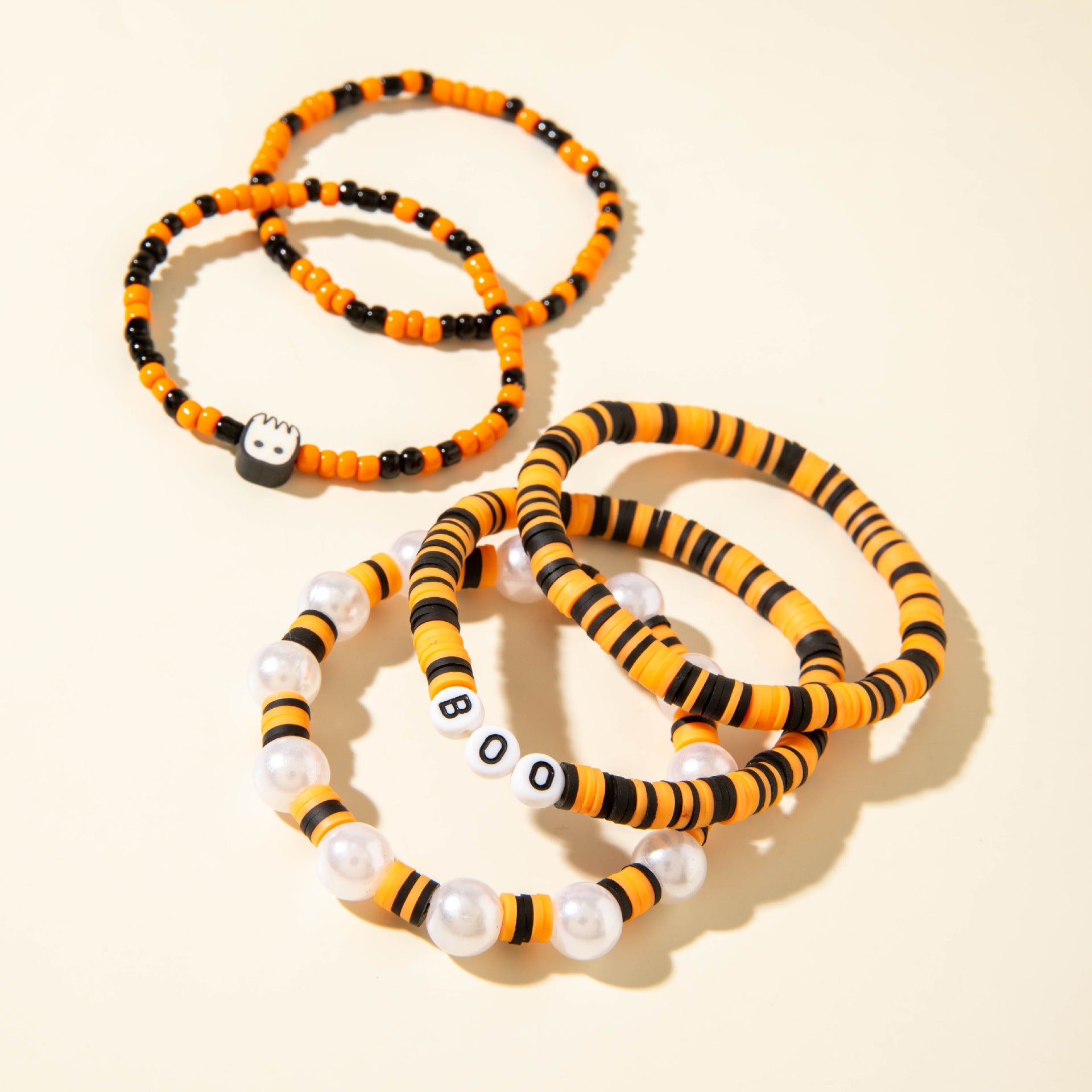 Wholesale  Cartoon Funny Ghost Pumpkin Color Elastic Bead Bracelet Set