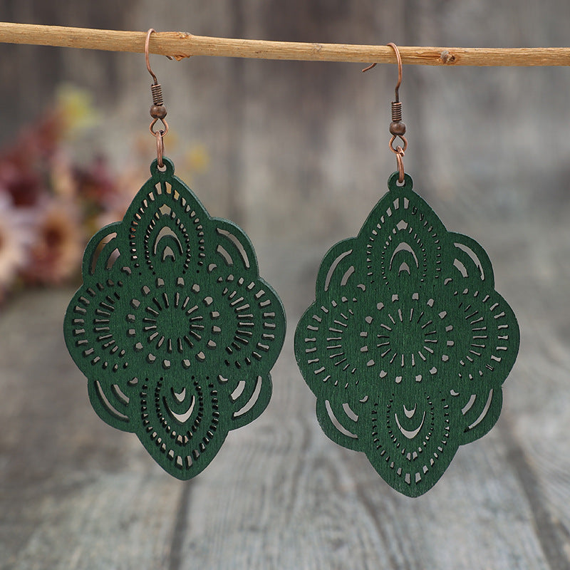Wholesale  retro ethnic style carved pattern long wooden earrings