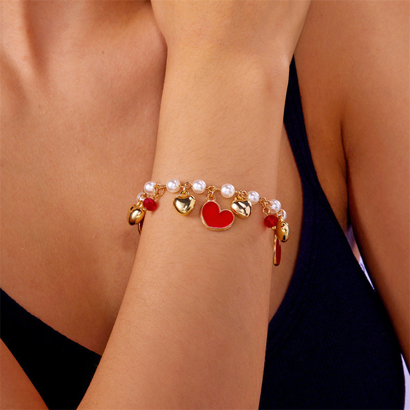 Wholesale Trendy Sweet Pearl Bracelet With Crystal Cherry Strawberry And Heart Charms Adjustable Fashion Jewelry Accessory For Women Boutique Resale And Gift