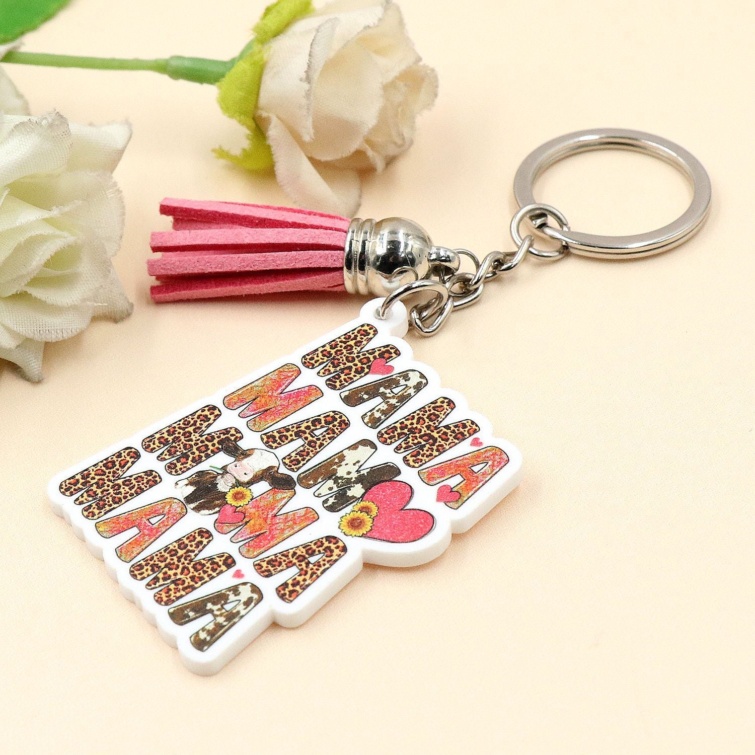 Wholesale Cow Leopard Print Western Style MAMA Acrylic Keychain Mother's Day Cow Print ACC-KC-XiaoYan006