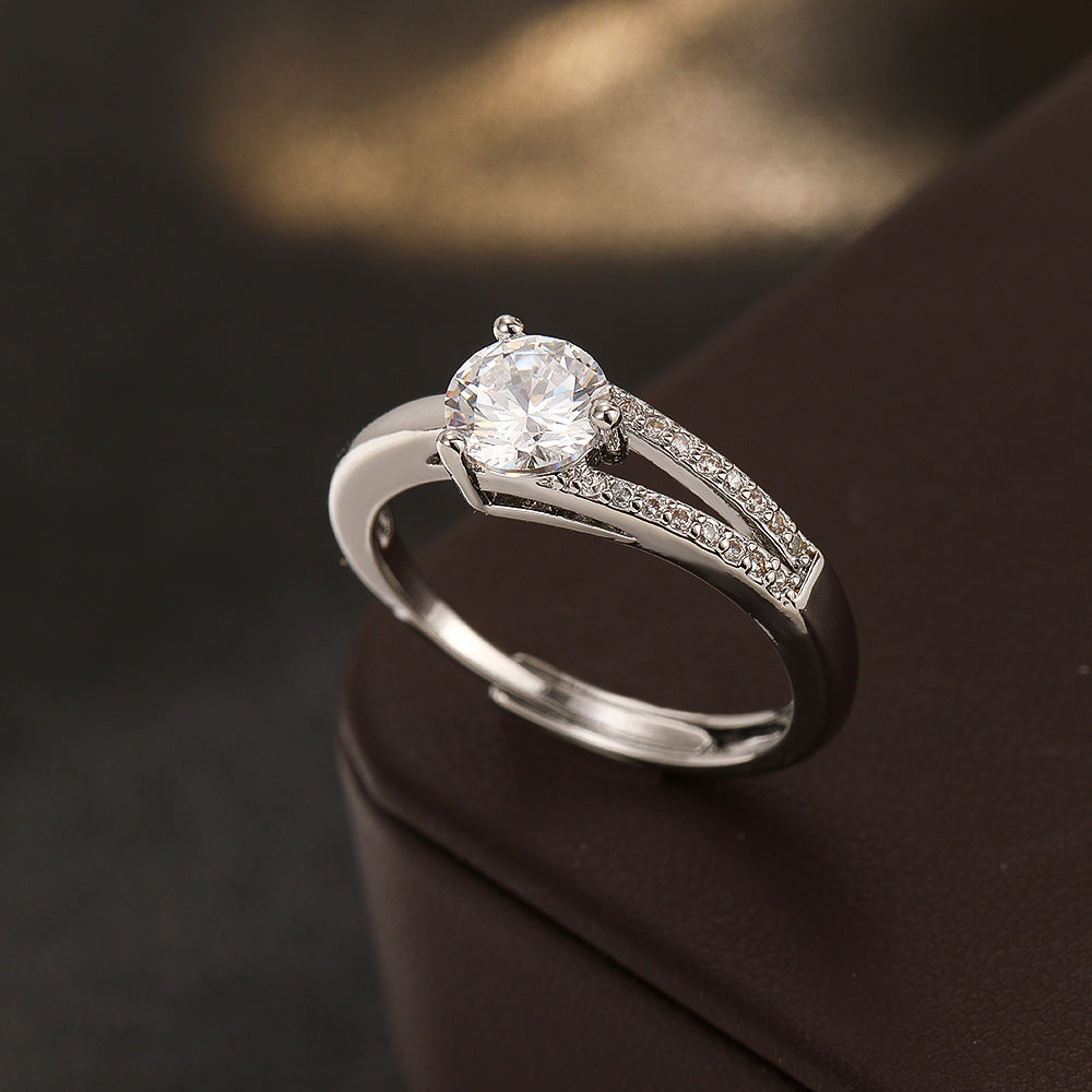 Wholesale Stylish Couple Ring Set Adjustable Silver Open Rings Copper Zircon Fashion Jewelry Accessory