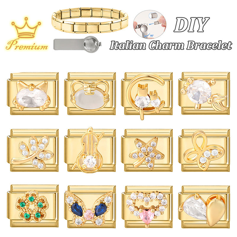 Wholesale DIY Gold-Tone Stainless Steel Modular Bracelet with Tiger and Butterfly Motifs Craft Supply