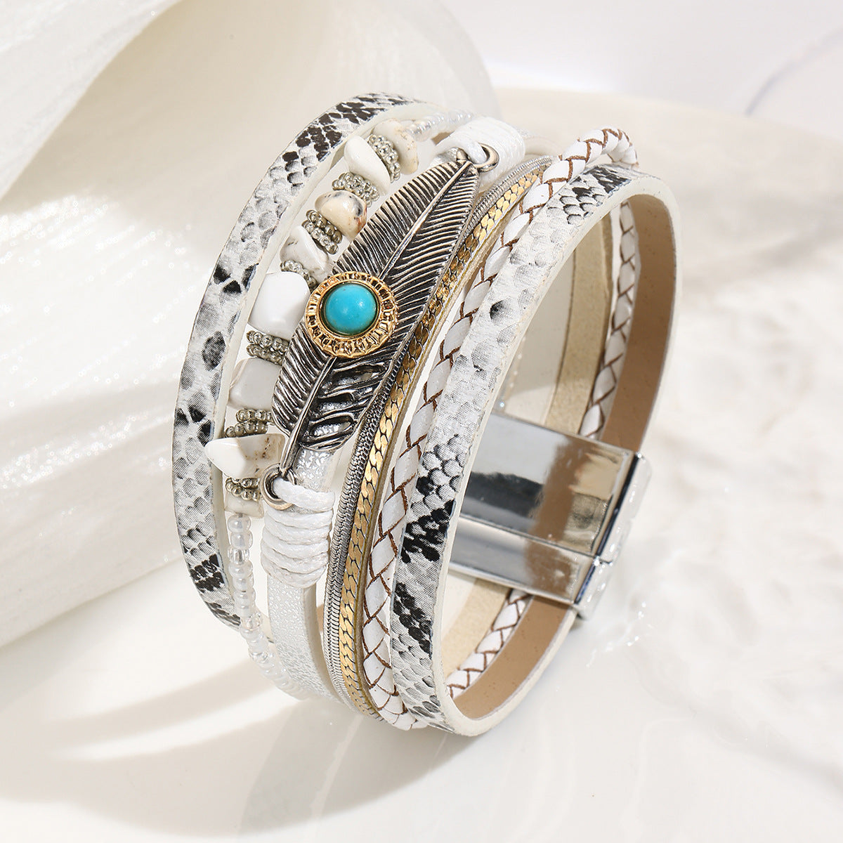 Wholesale Unisex Bohemian Faux Leather Feather Magnetic Bracelet Business Gift Jewelry Accessory