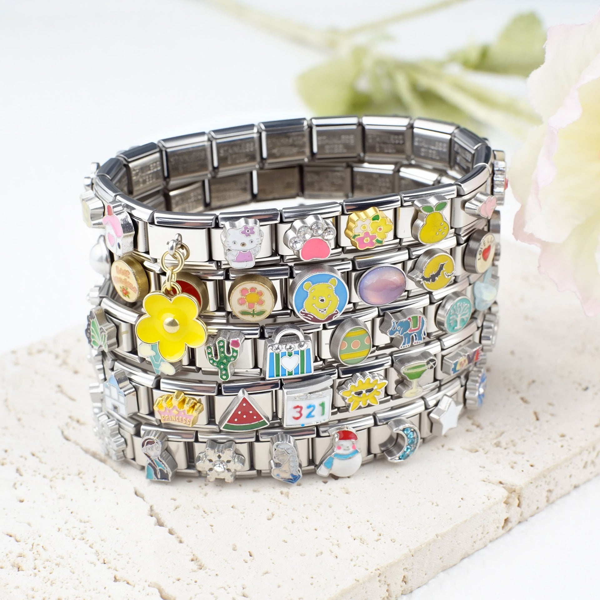 Wholesale 5pcs/pack Cartoon Italian Charms Single Section Creative Stainless Steel Composable Bracelet