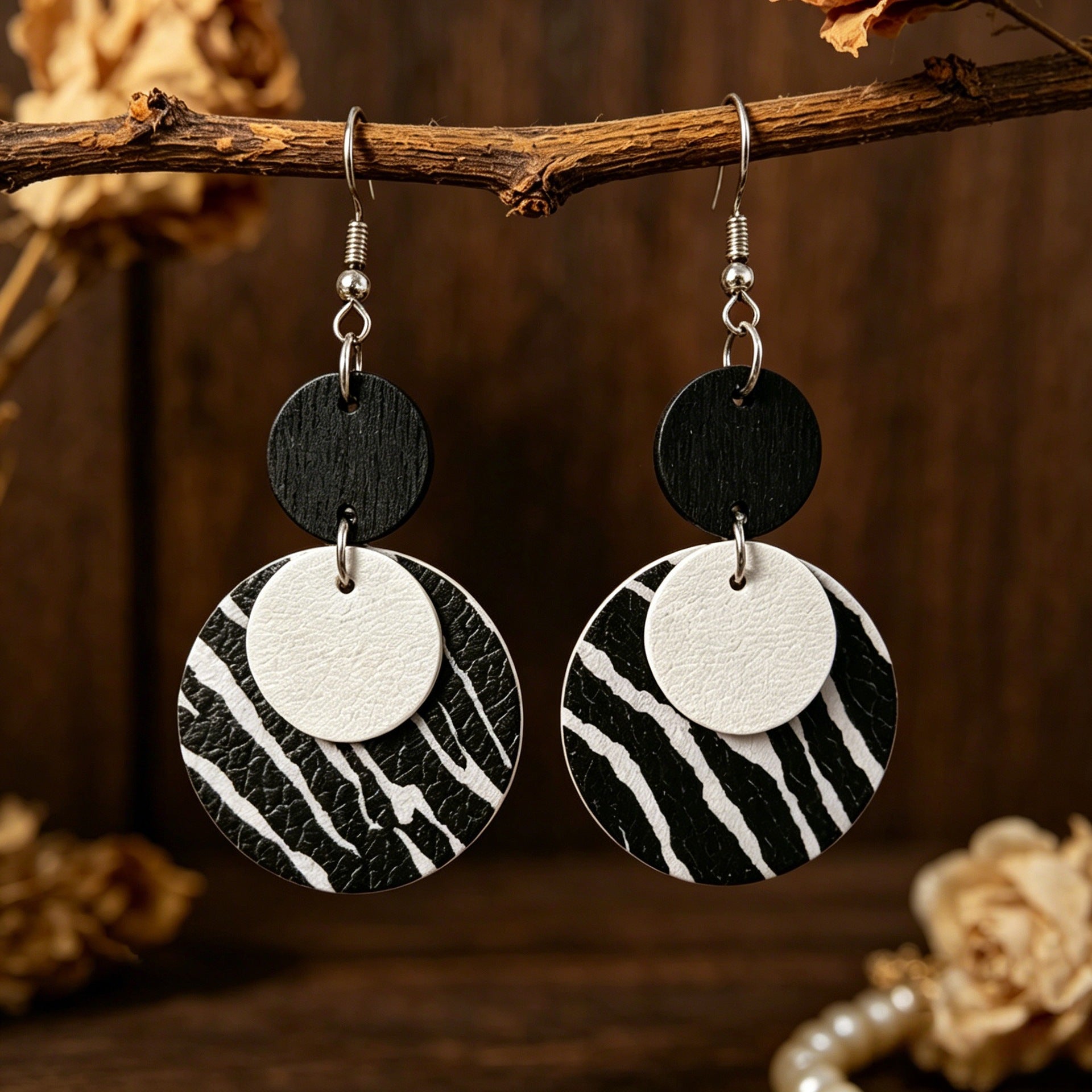 Wholesale Leather Earrings,  Black White Zebra Multi-Layered Round - Boutique Resale Jewelry Accessory