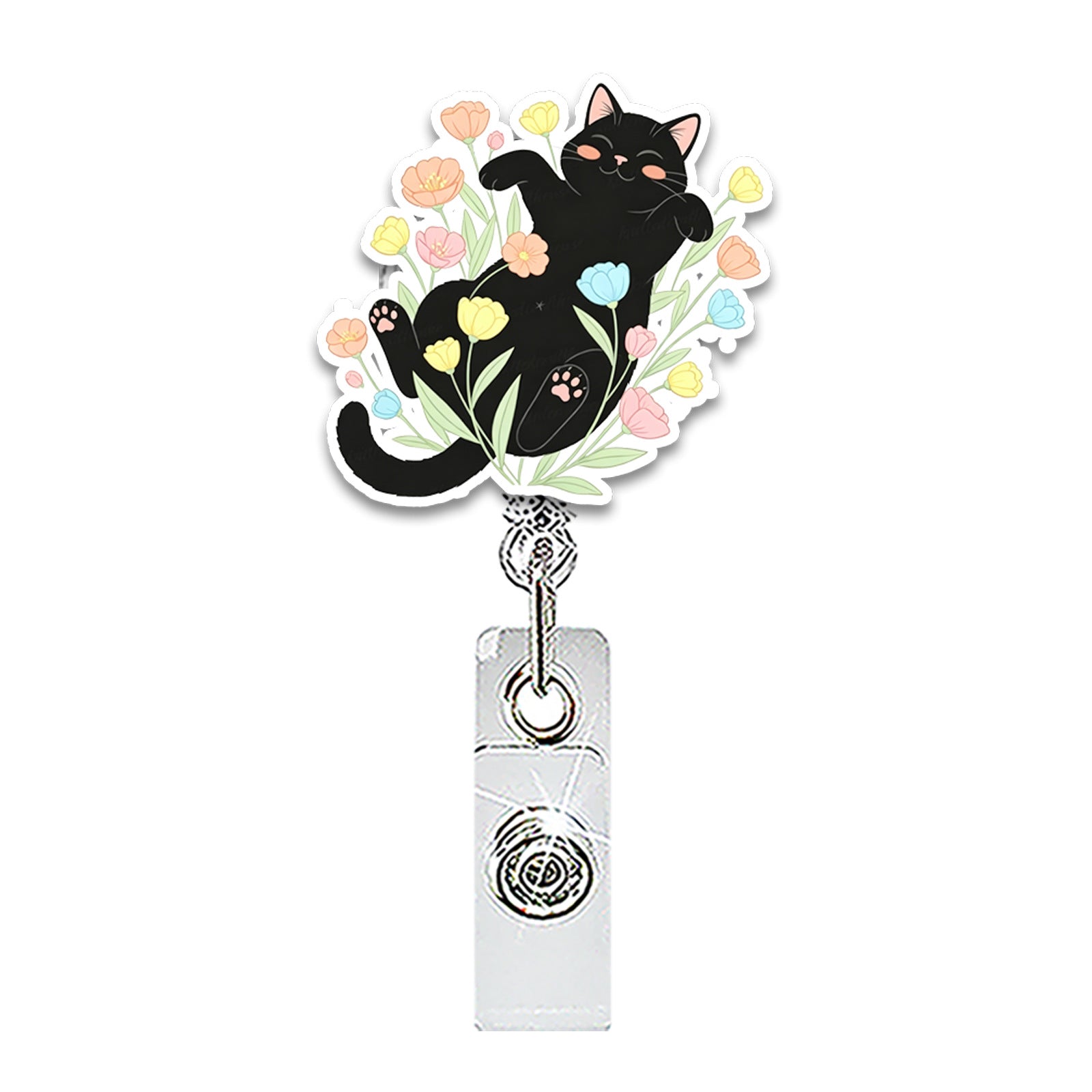 Wholesale Chic Acrylic Black Cat Flower Retractable Badge Reel for Nurse ID Card Holder