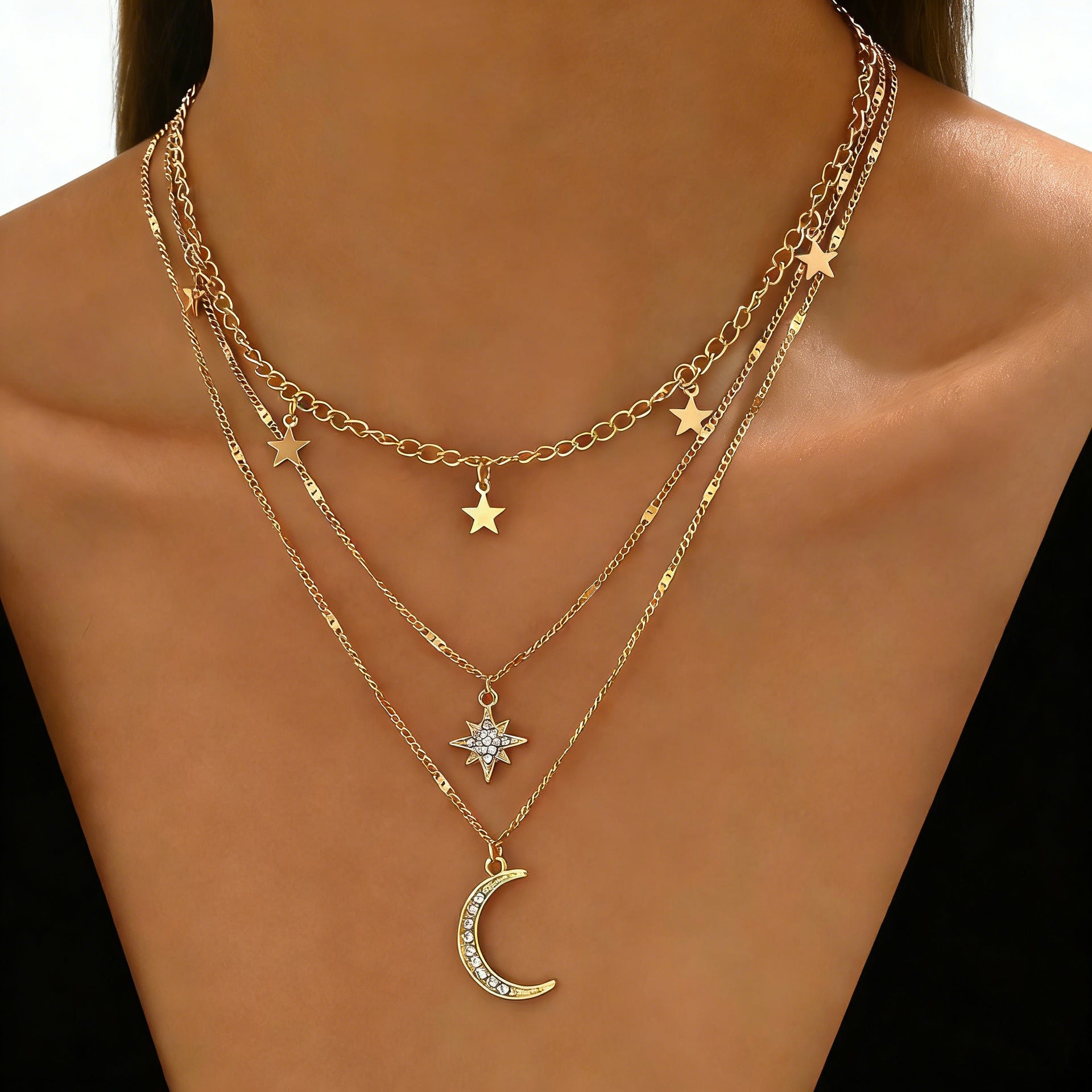 Wholesale Trendy Rhinestone Star Moon Pendant Layered Necklace For Women Gold Electroplated Zinc Alloy Fashion Accessory Boutique Resale