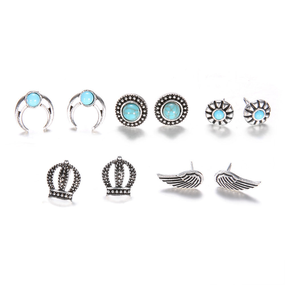 Wholesale  Bohemian style  crown crescent wings set turquoise earrings