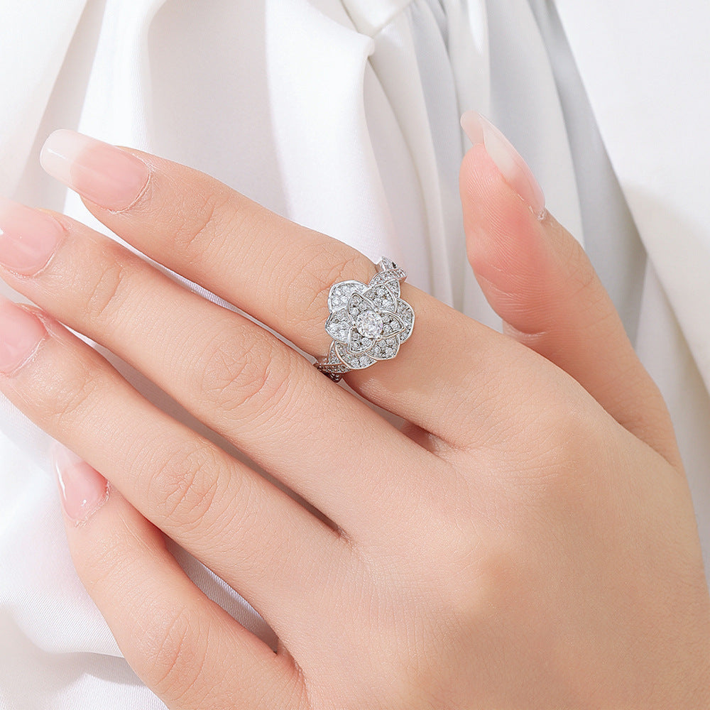 Wholesale Chic Camellia Design Women S Ring Silver Tone Copper Zircon Everyday Wear Jewelry Gift