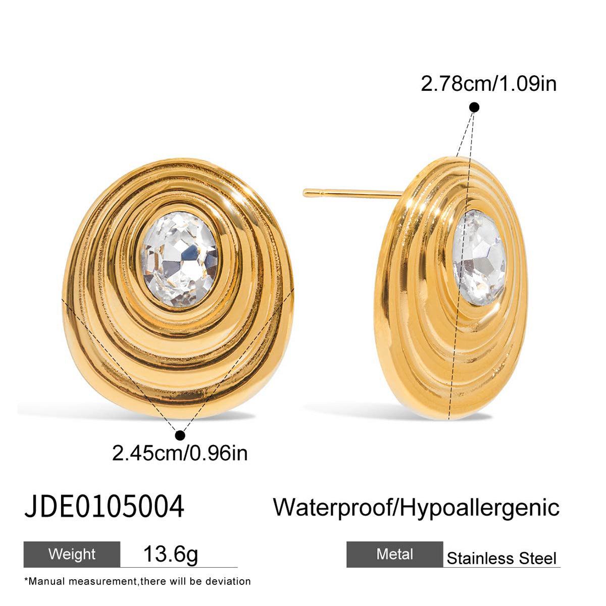Wholesale  18K Gold Stainless Steel Round White Zircon Ribbed Round Earrings