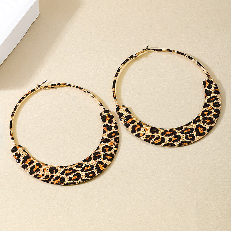Wholesale exaggerated metal hoop water drop leopard print large circle earrings