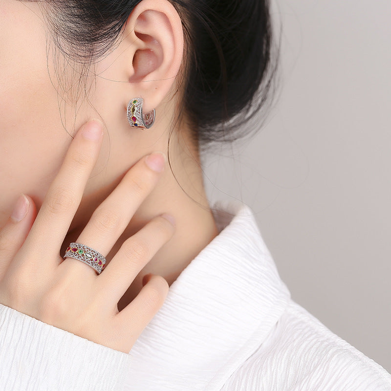 Wholesale S925 Sterling Silver Retro Court Style Lace Colorful Zirconium Open Ring Bracelet Earrings