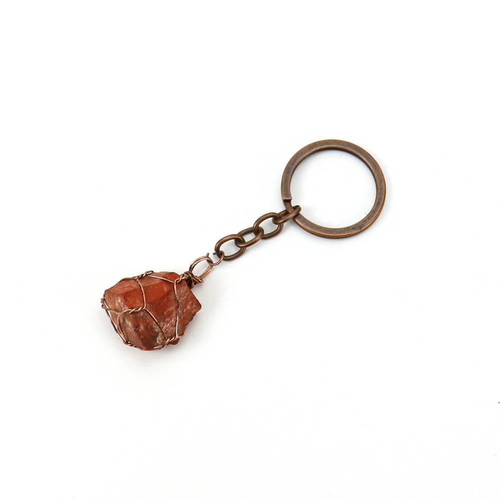 Wholesale Copper Wire Wound Natural Crystal Raw Stone Keychain ACC-KC-HanX007
