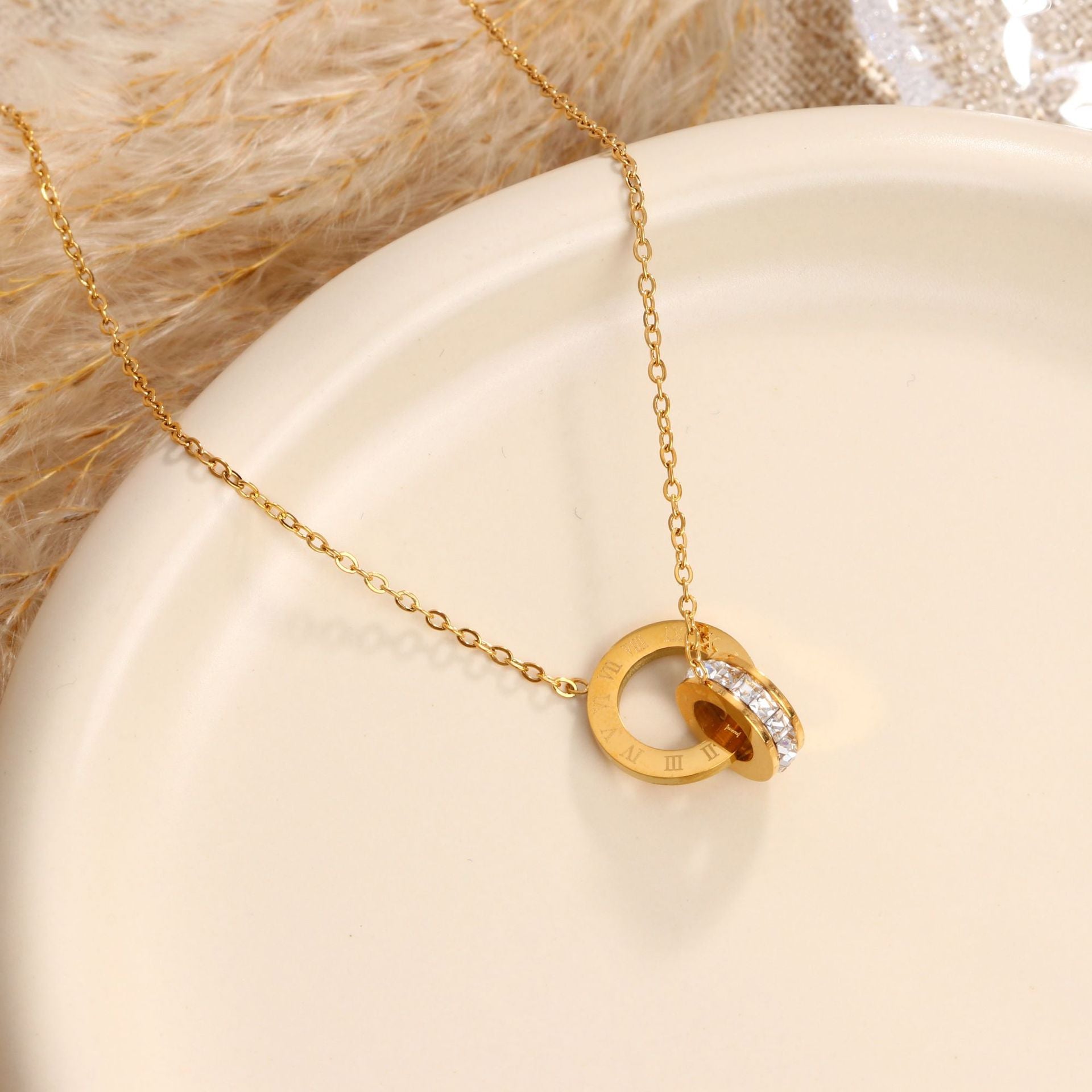 Wholesale stainless steel double-ring phase buckle necklace